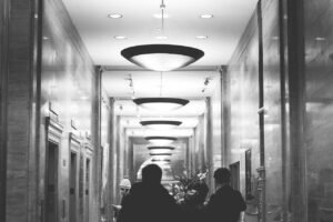 hotel, elevators, lights, people, nyc, architecture, black and white, gray hotel